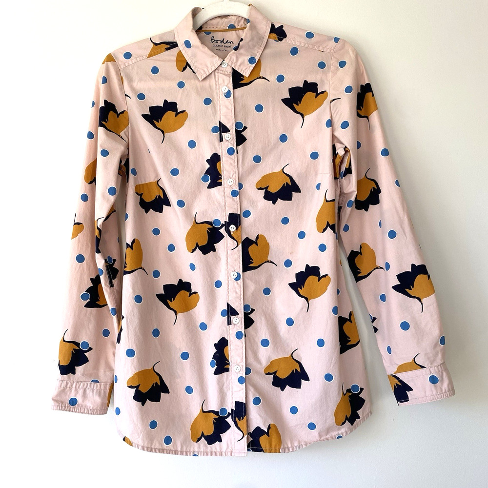 Boden Classic Shirt Womens 2 Pink Ochre Floral Dot Button Up Long Sleeve Fall